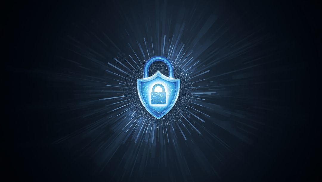 Shield Emblem Radiates in Digital Binary with Light Rays and Cyber Security Focus