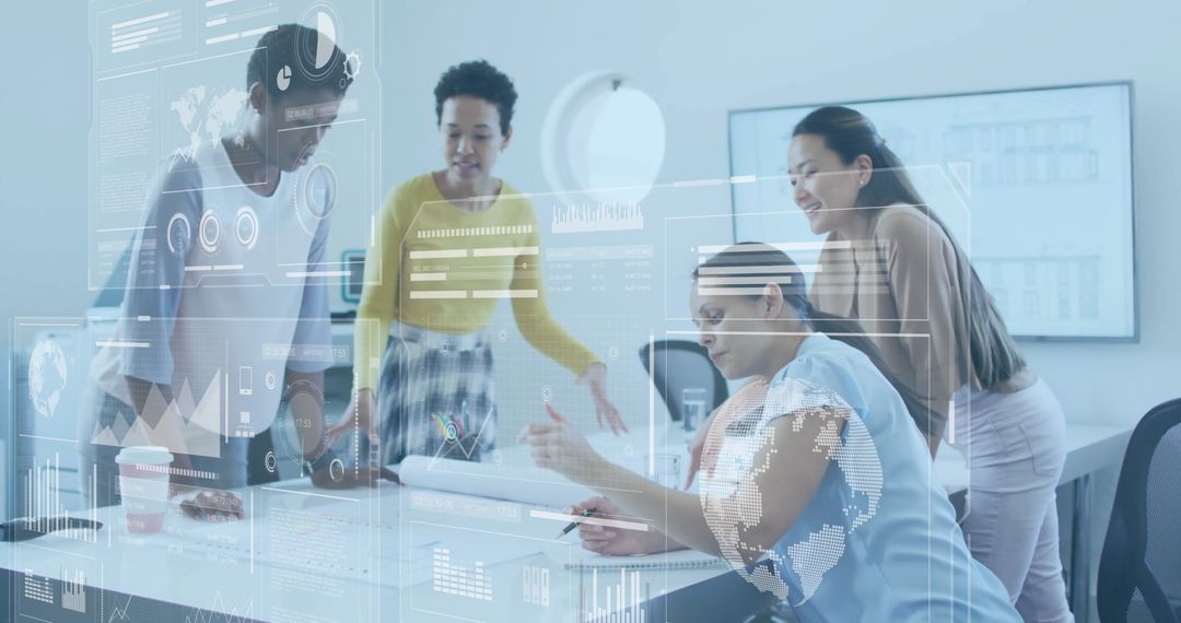 Business Team Collaborating with Futuristic Interface Overlays