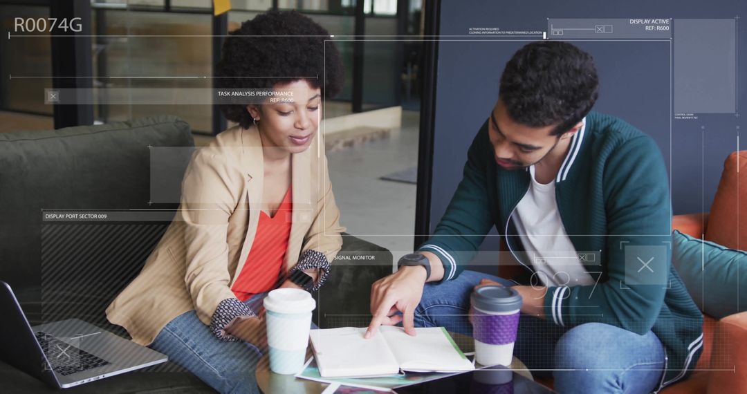 Diverse Colleagues Collaborating with Digital Interface Overlays