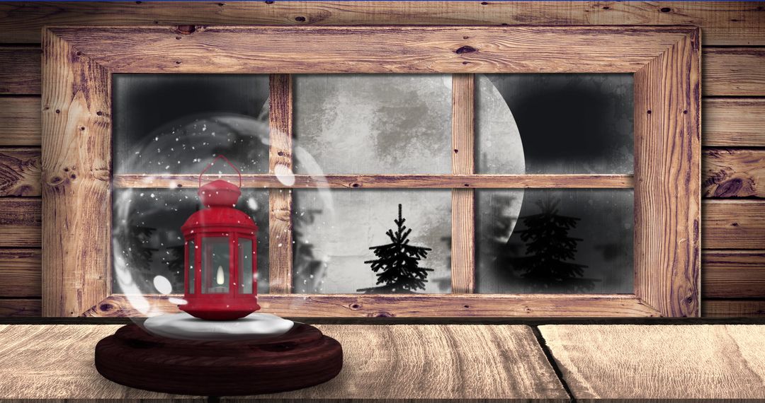 Cozy Winter Scene with Snow Globe and Full Moon View