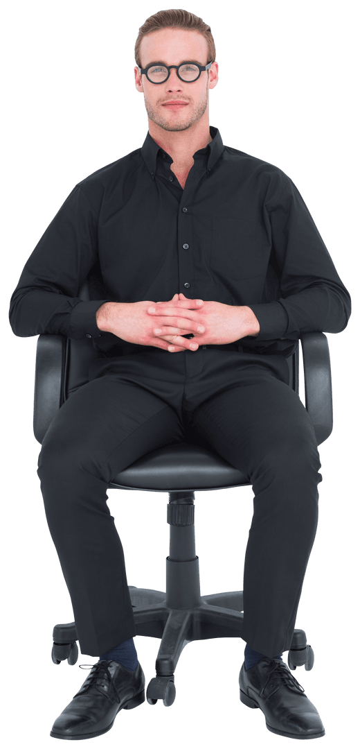 Stern Businessman Sitting on Office Chair with Transparent Background