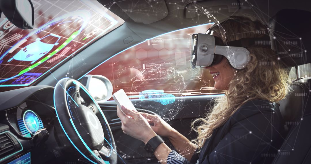 Woman Using VR Headset in Autonomous Smart Car, Experiencing Futuristic Technology