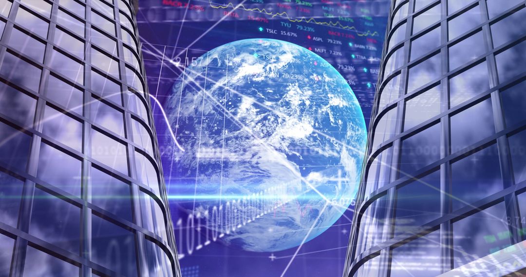 Global Financial Data Processing Over Globe and Skyscrapers