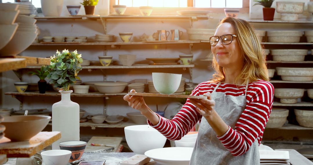 Woman Examining Ceramic Bowl in Pottery Studio With Sunlight - Free Images, Stock Photos and Pictures on Pikwizard.com