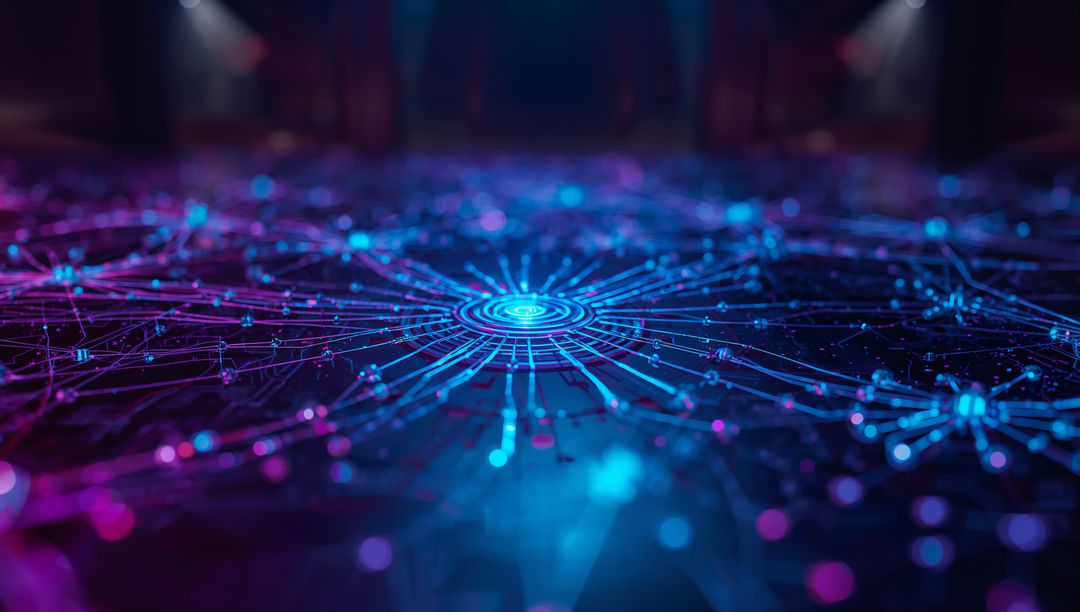 Glowing Central Hub Radiates Across Futuristic Neon Network Grid