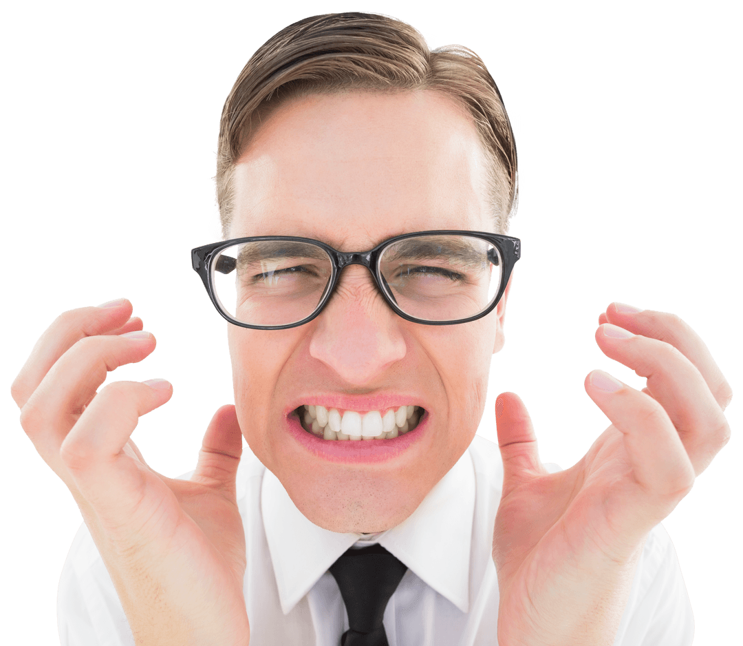 Frustrated Geeky Hipster with White Shirt and Glasses Transparent Background