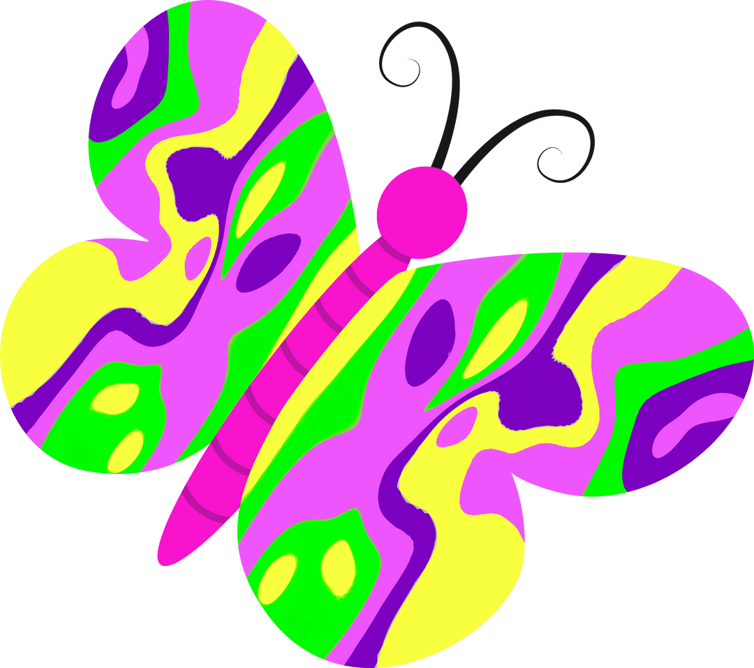 Vibrant Cartoon Butterfly with Abstract Patterns on Transparent Background