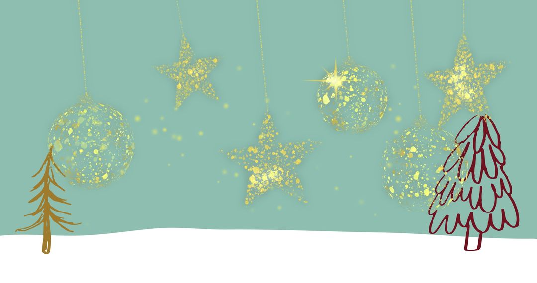 Festive Gold Christmas Baubles and Stars on a Snowy Scene