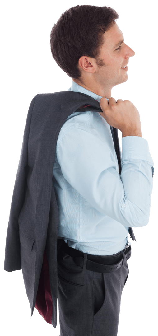 Smiling Businessman Holding Jacket in Relaxed Pose on Transparent Background