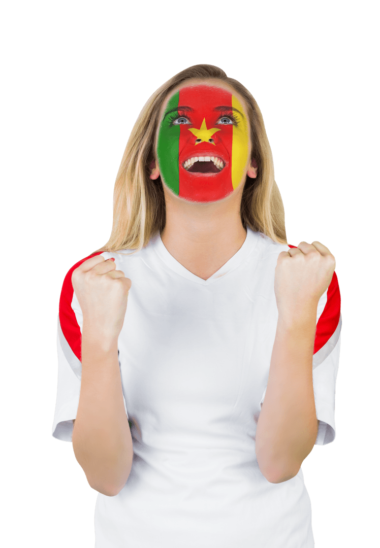 Transparent Excited Fan Cheering with Cameroon Flag Face Paint