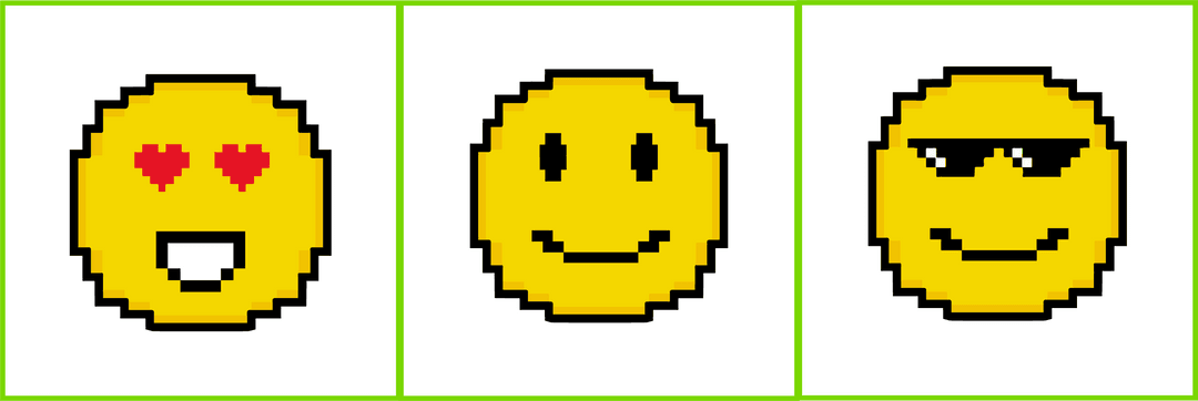 Three Pixel Emoticons with Heart Eyes, Smile, Sunglasses Transparent PNG