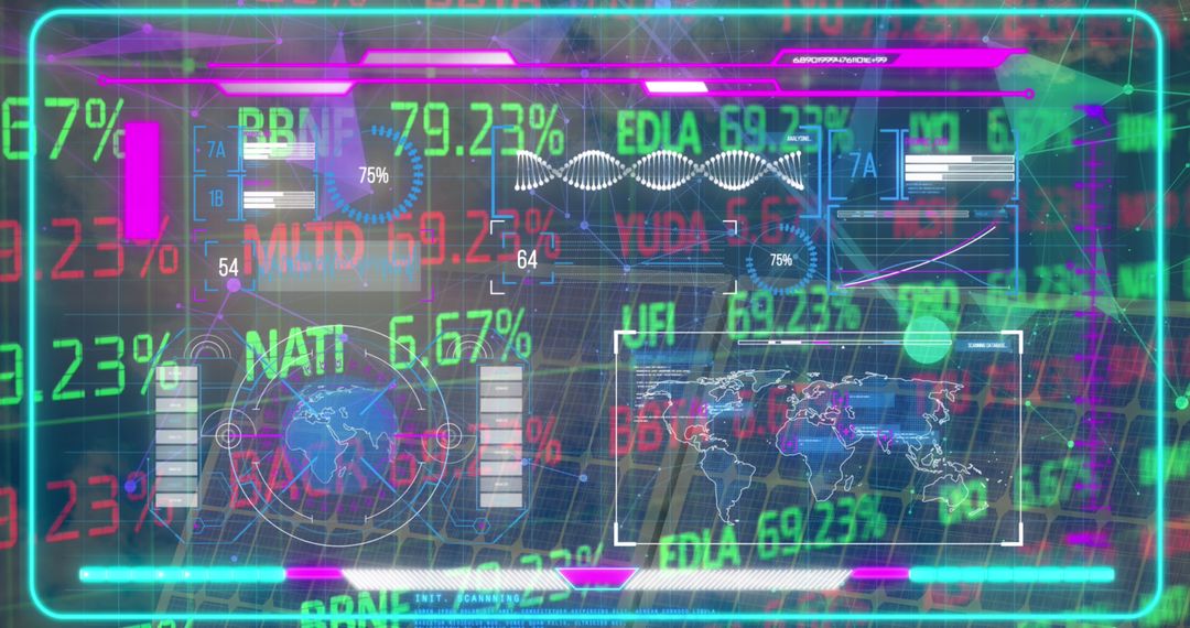 Futuristic Financial Data Interface with Holographic World Map