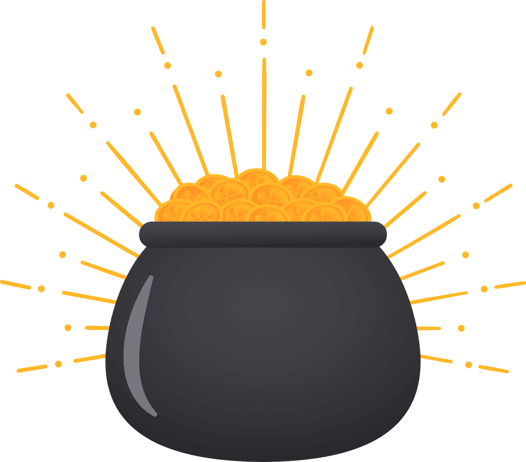 Glowing Cauldron of Gold Coins on Transparent Background