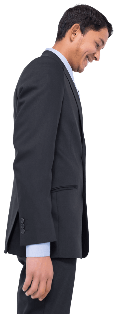 Transparent Asian Businessman Smiling and Looking Downward