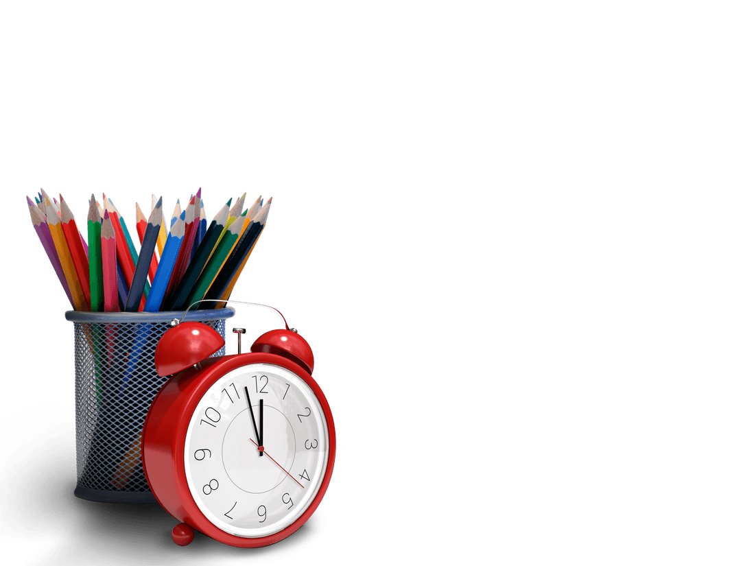 Colored Pencils and Red Alarm Clock on Transparent Background