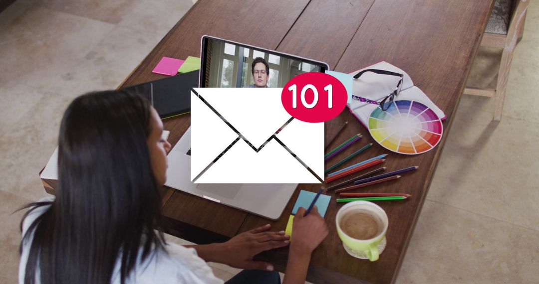 Woman Attending Video Call While Overwhelmed with Emails