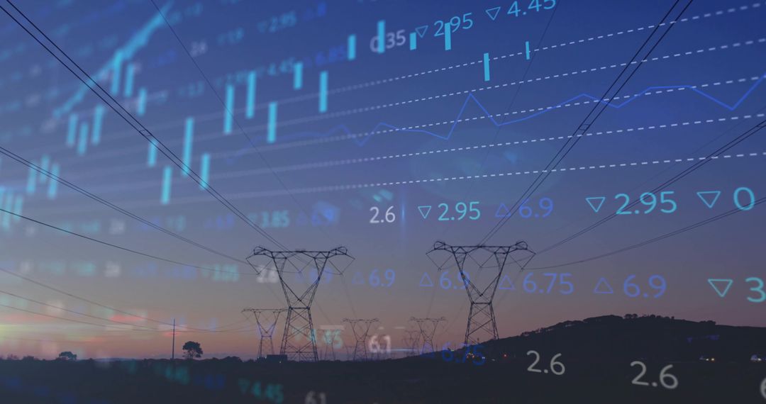 Electricity Towers Blending with Digital Market Data at Dusk
