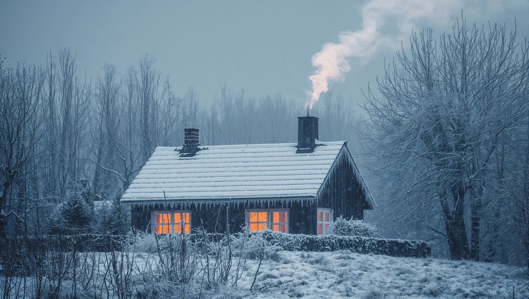 Snow-Covered Wooden Cabin with Glowing Windows and Smoking Chimney in Winter Twilight