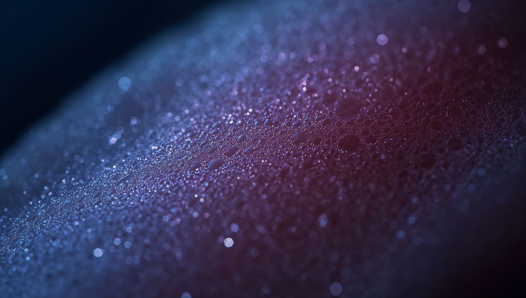 Macro dew droplets shimmering on textured surface under blue magenta bokeh light