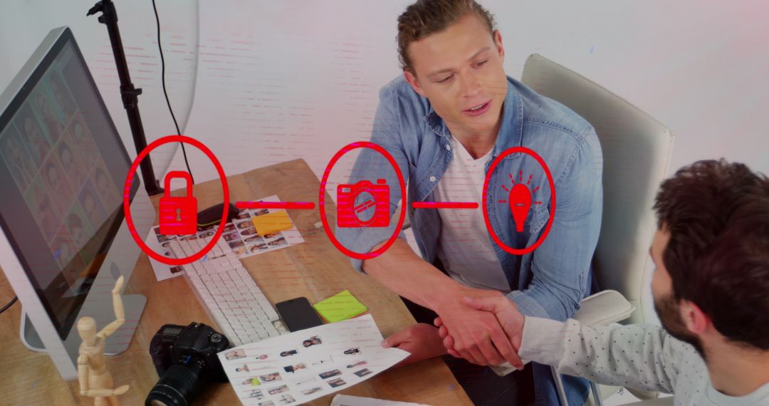 Diverse Professionals Shaking Hands with Digital Interface Icons