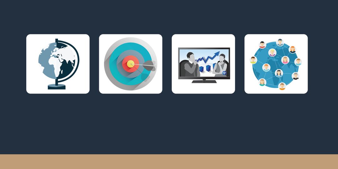 Global business strategy icons for worldwide connectivity