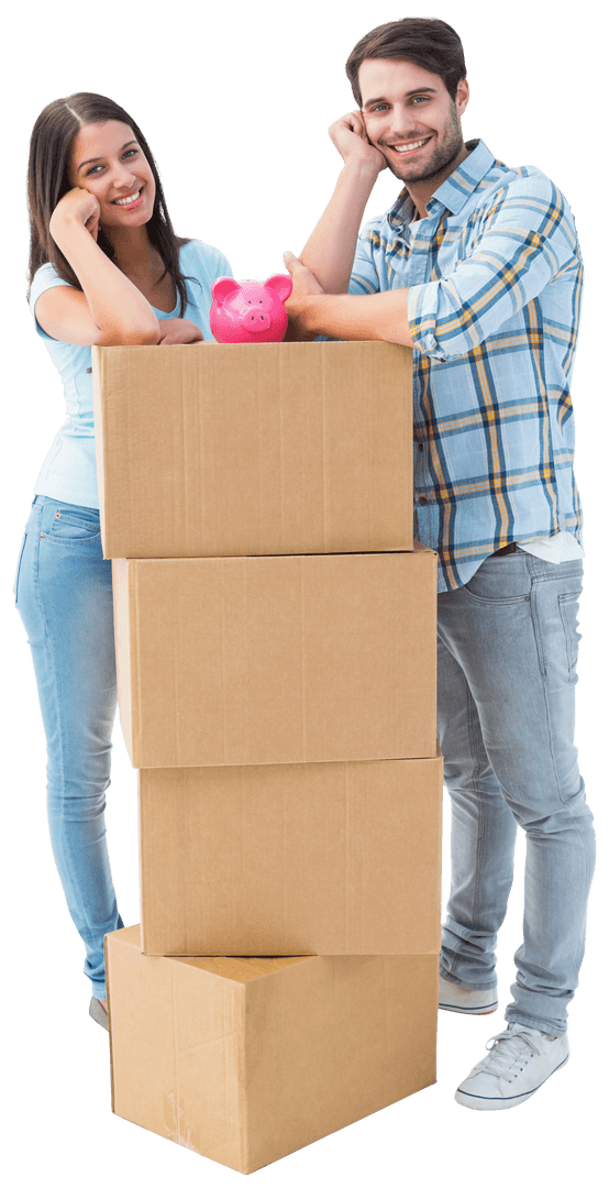 Transparent Couple Leaning on Stacked Boxes with Piggy Bank