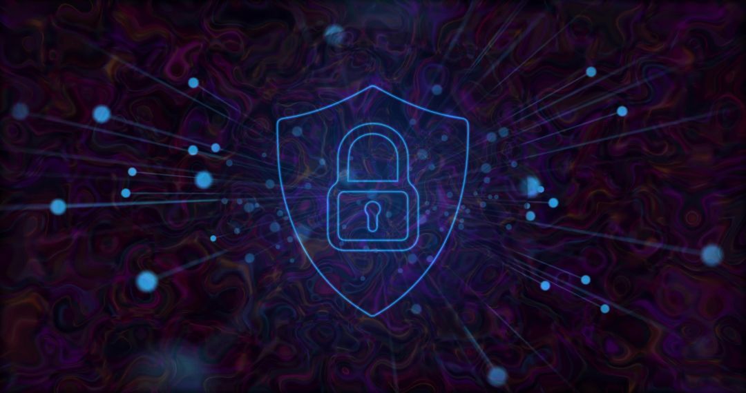 Neon Blue Padlock and Shield Icon Representing Cybersecurity