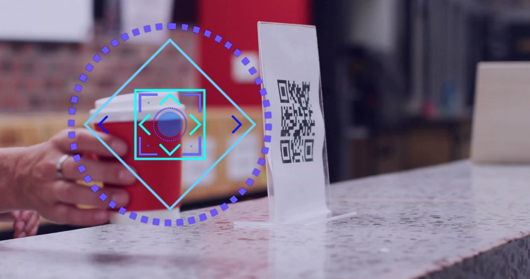 Hand Grasping Takeaway Cup Next To QR Code On Cafe Counter With Futuristic Digital Overlay