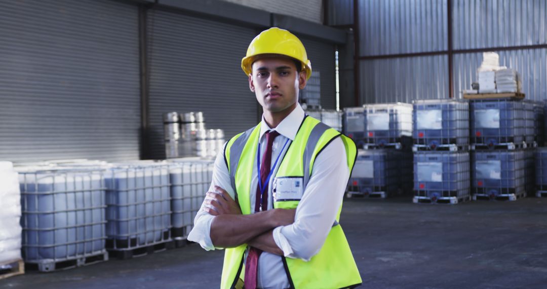 Warehouse Foreman Wearing Safety Gear Confidently Standing in Industrial Storage Facility - Free Images, Stock Photos and Pictures on Pikwizard.com