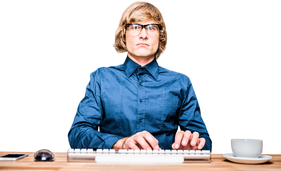 Focused Hipster Businessman Typing on Transparent Background
