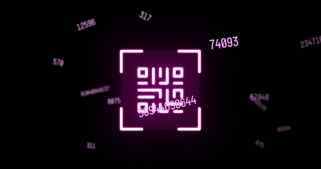 Neon QR Code with Floating Numbers on Black Background