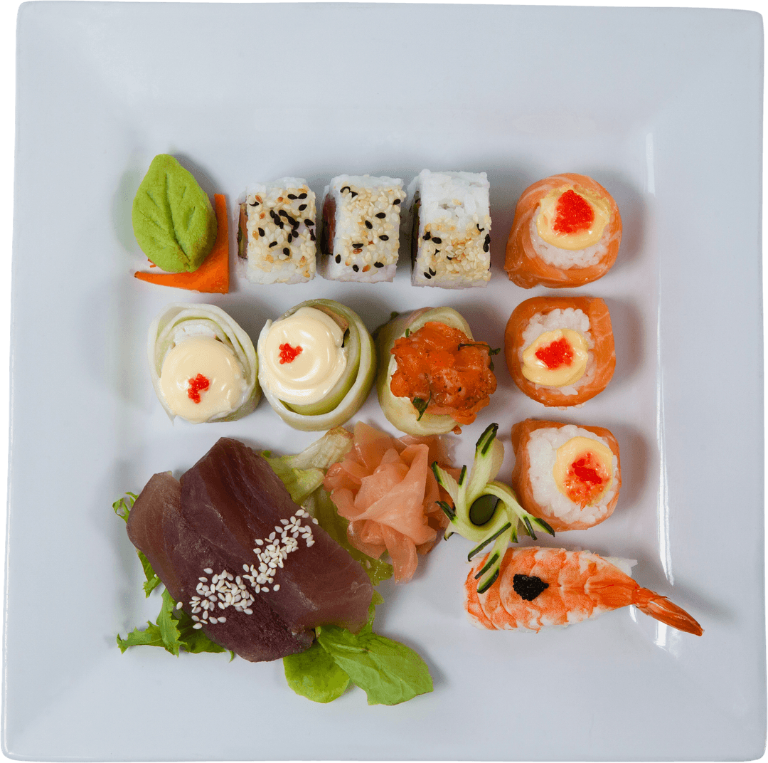 Transparent Sushi Platter on White Plate Assorted Fresh Seafood Arrangements