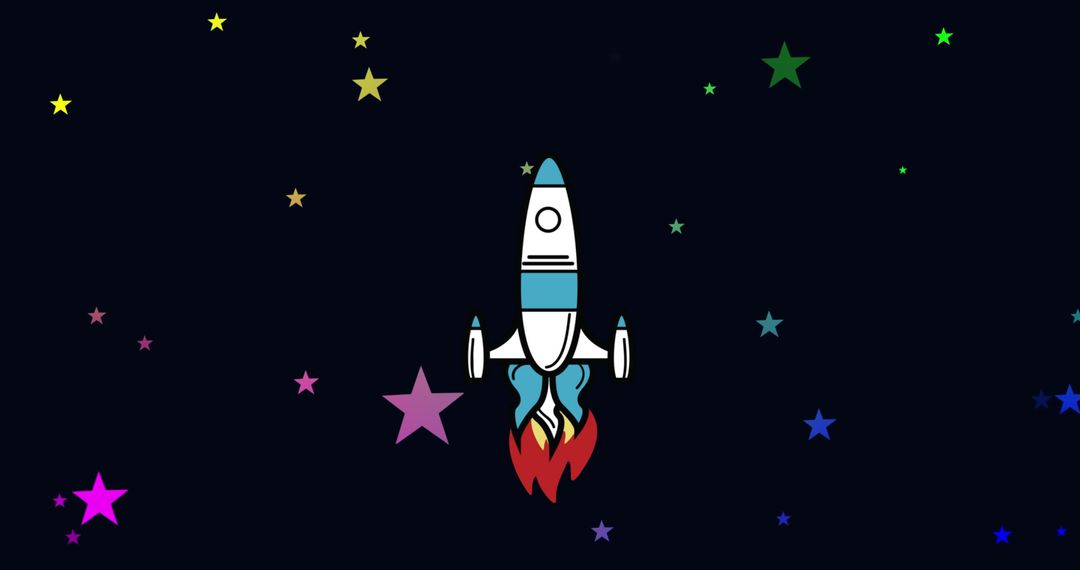 Cartoon Rocket Icon Navigating Colorful Starry Night Sky