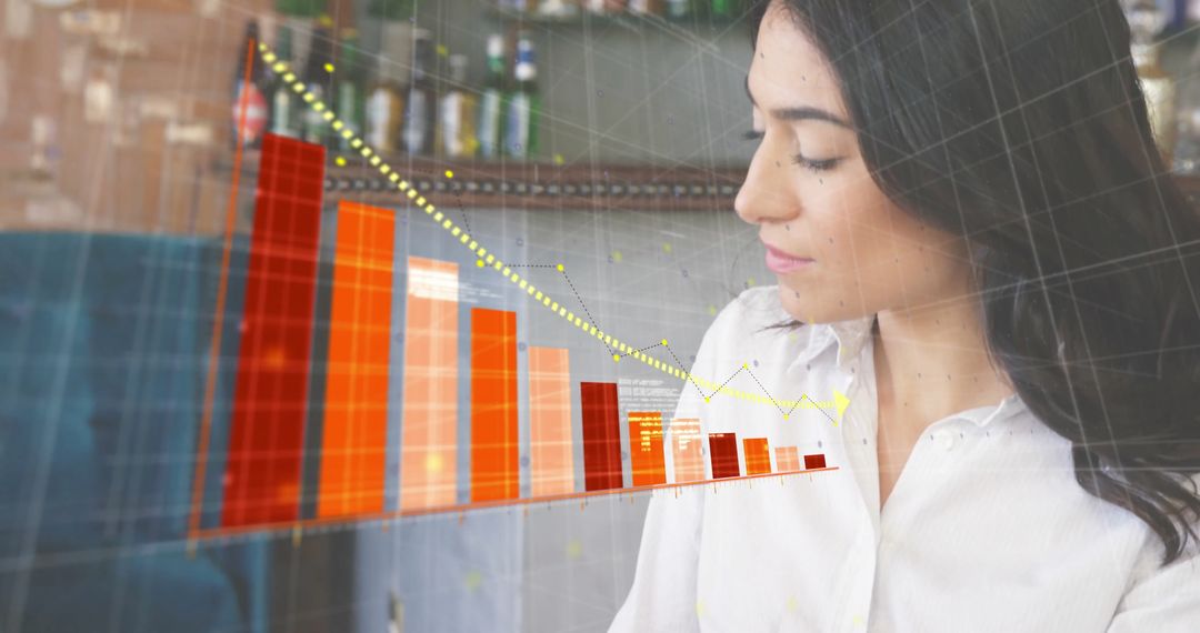 Businesswoman Analyzing Declining Financial Data Visualization