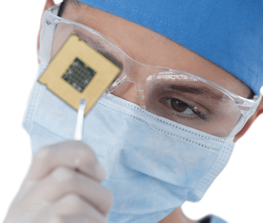 Female Surgeon Wearing Surgical Mask Inspecting Processor Transparent