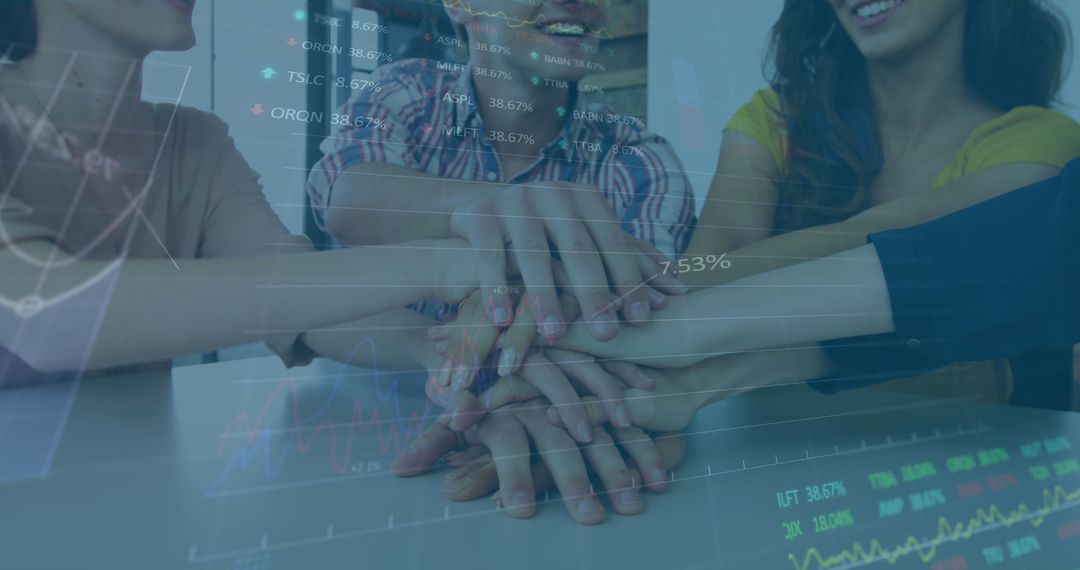 Teamwork in Finance: Colleagues with Hands Stacked and Financial Data