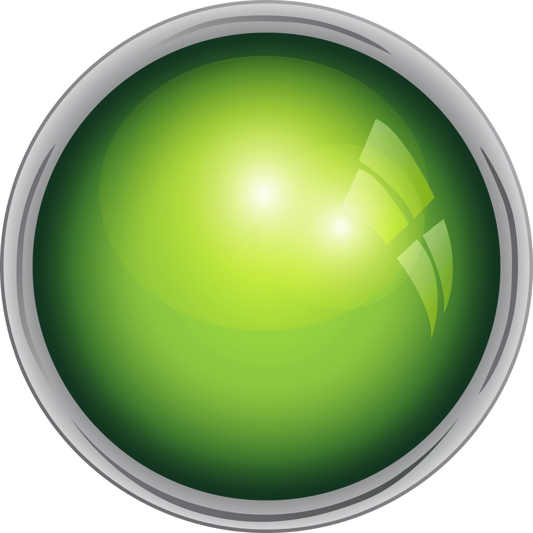 Glowing Green Button with Silver Outline Transparent Background