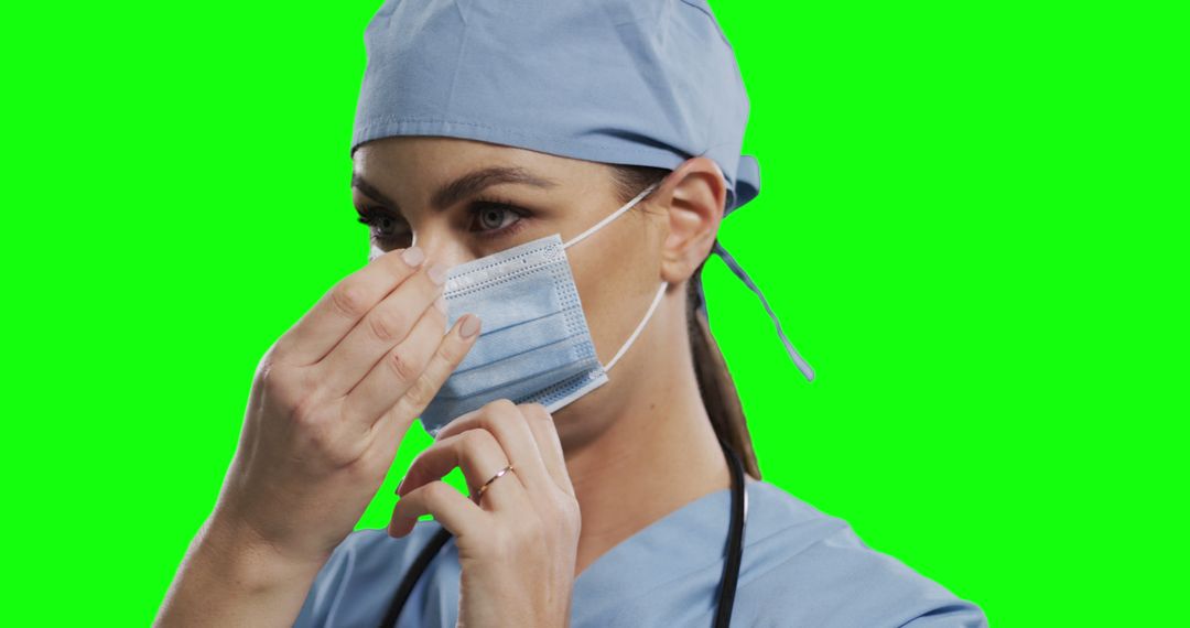 Nurse Adjusting Surgical Mask in Medical Uniform on Green Screen Background - Free Images, Stock Photos and Pictures on Pikwizard.com