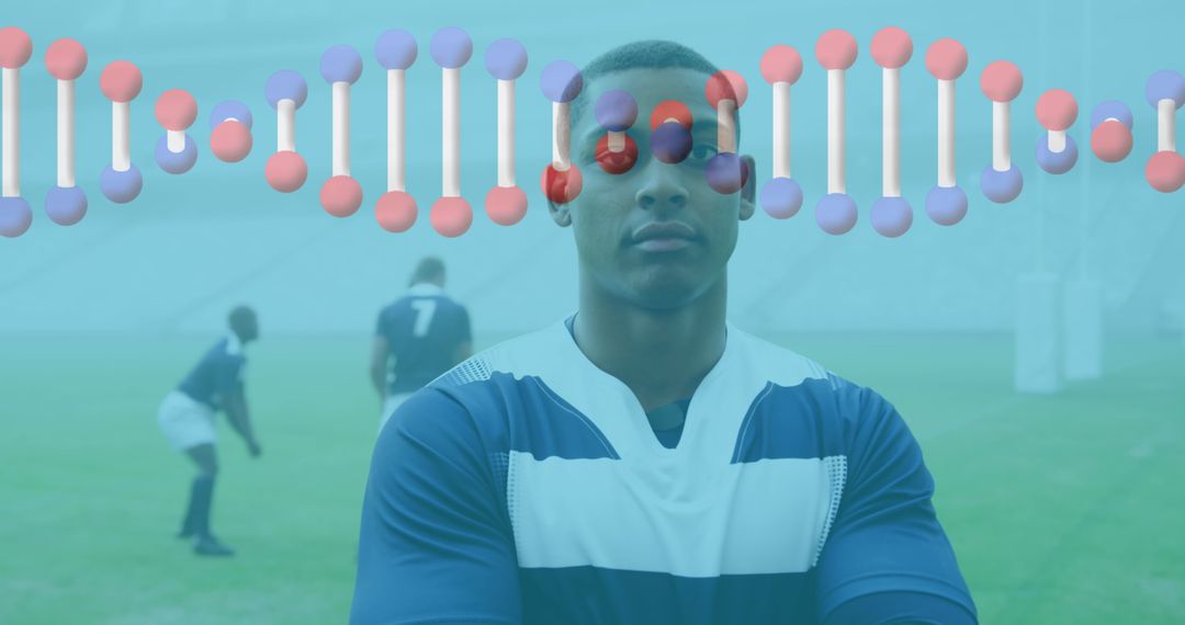 Digital DNA Illumination Over Rugby Players on Field Open Arms