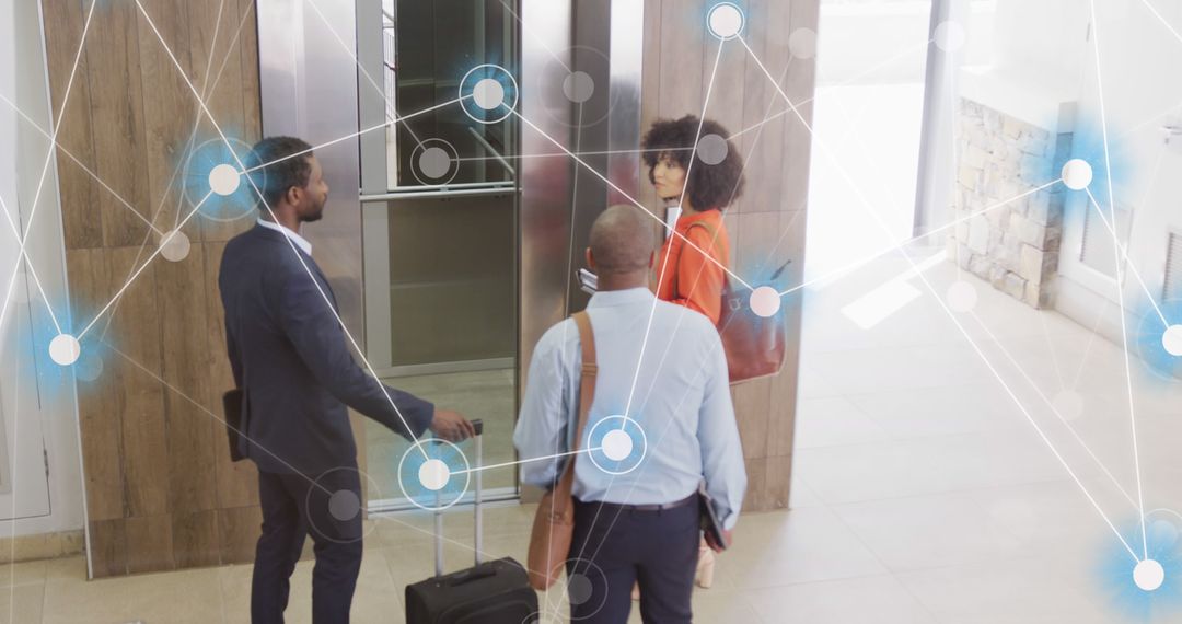 Diverse Business Team in Modern Office with Data Network Overlay