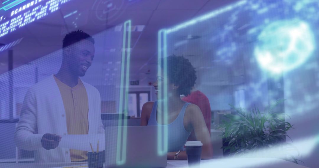 Coworkers in Modern Office Analyzing Holographic Digital Interface