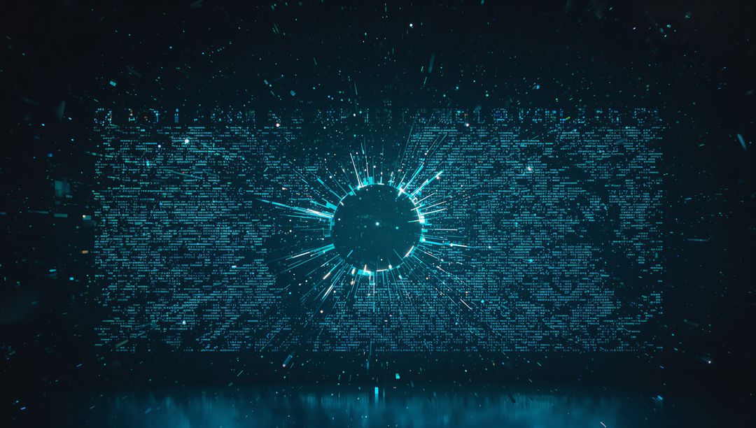 Pulsing Teal Digital Core Emitting Radial Light Spikes Over Data Matrix Reflection