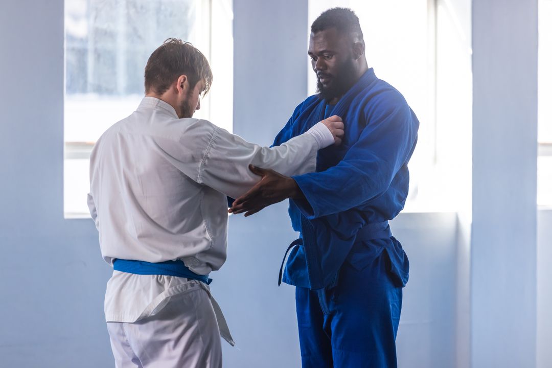 Diverse Karate Partners Practicing Gi Grips in Dojo