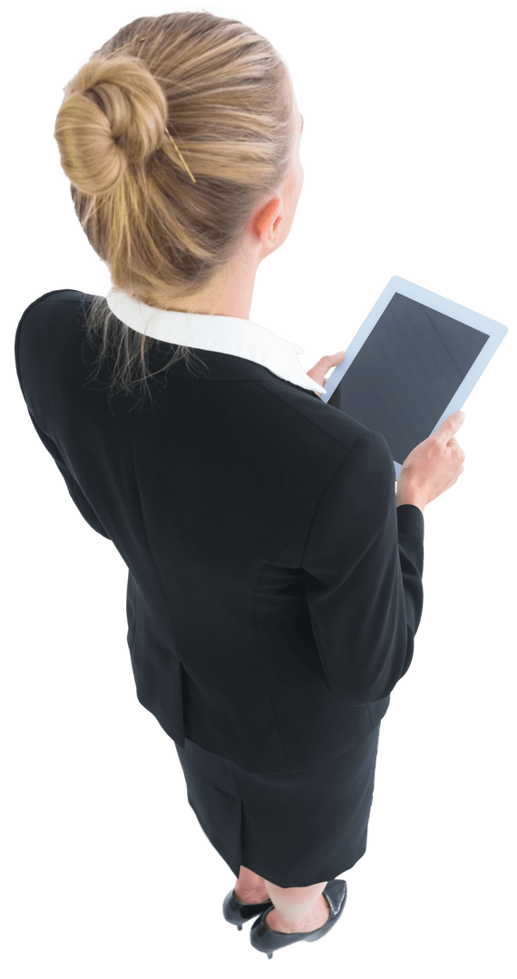 Overhead View Transparent Businesswoman Holding Tablet