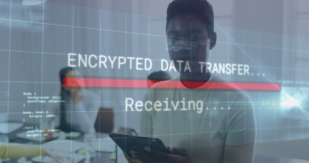 Businesswoman Managing Encrypted Data Transfer on Tablet