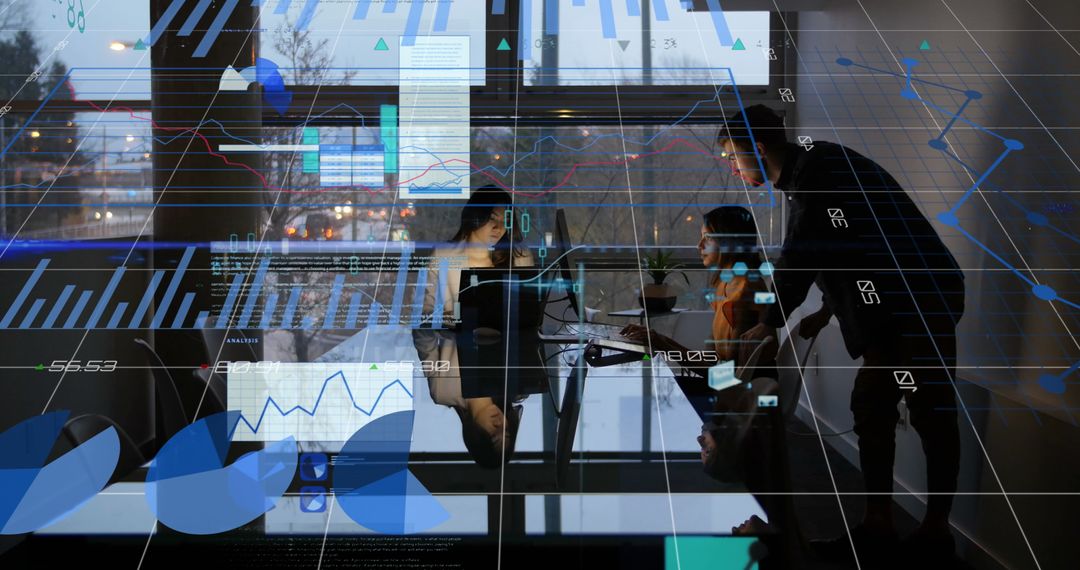 Business Team Analyzing Data on Holographic Interface