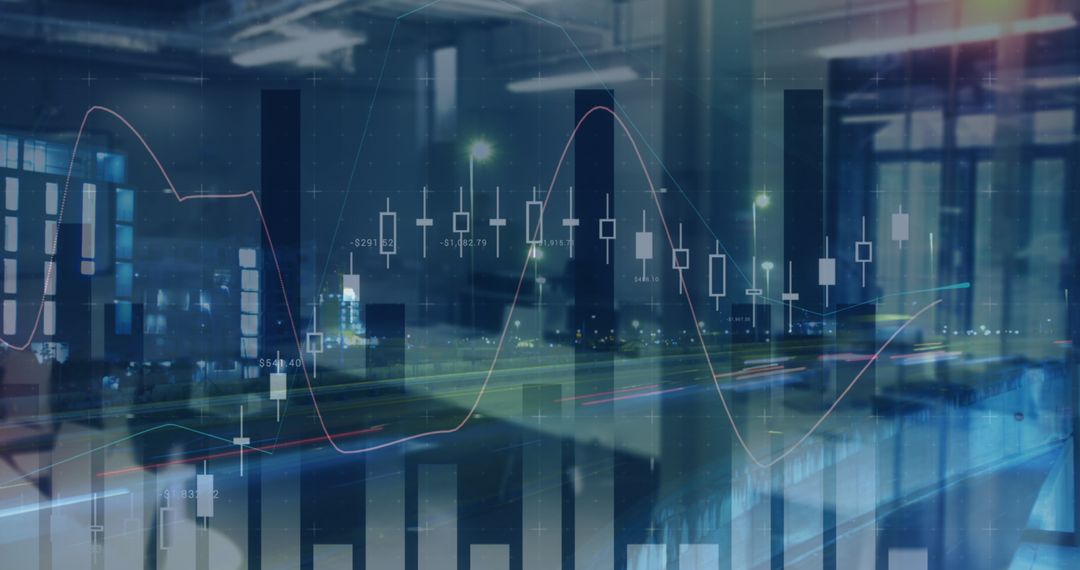 Financial Data Analytics Overlaying Modern Office Background