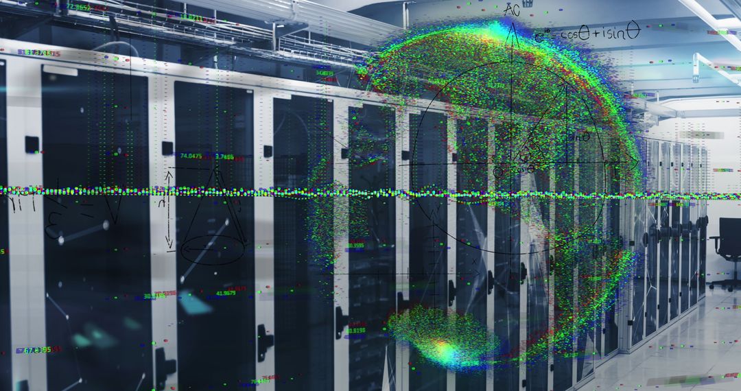 Futuristic Digital Globe Overlay on Modern Server Room