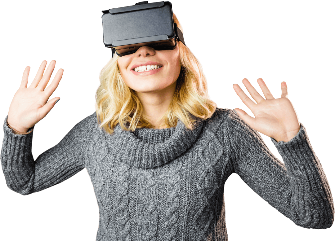 Smiling Woman with Virtual Reality Headset on Transparent Background