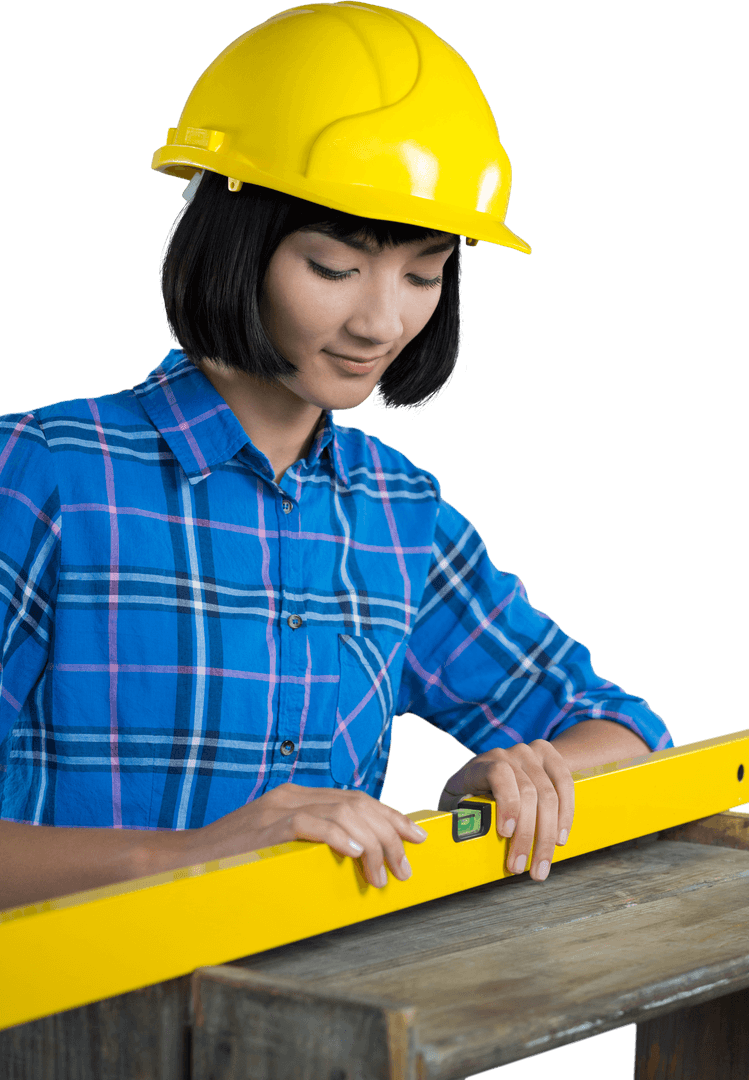 Transparent Female Carpenter Using Spirit Level in Construction